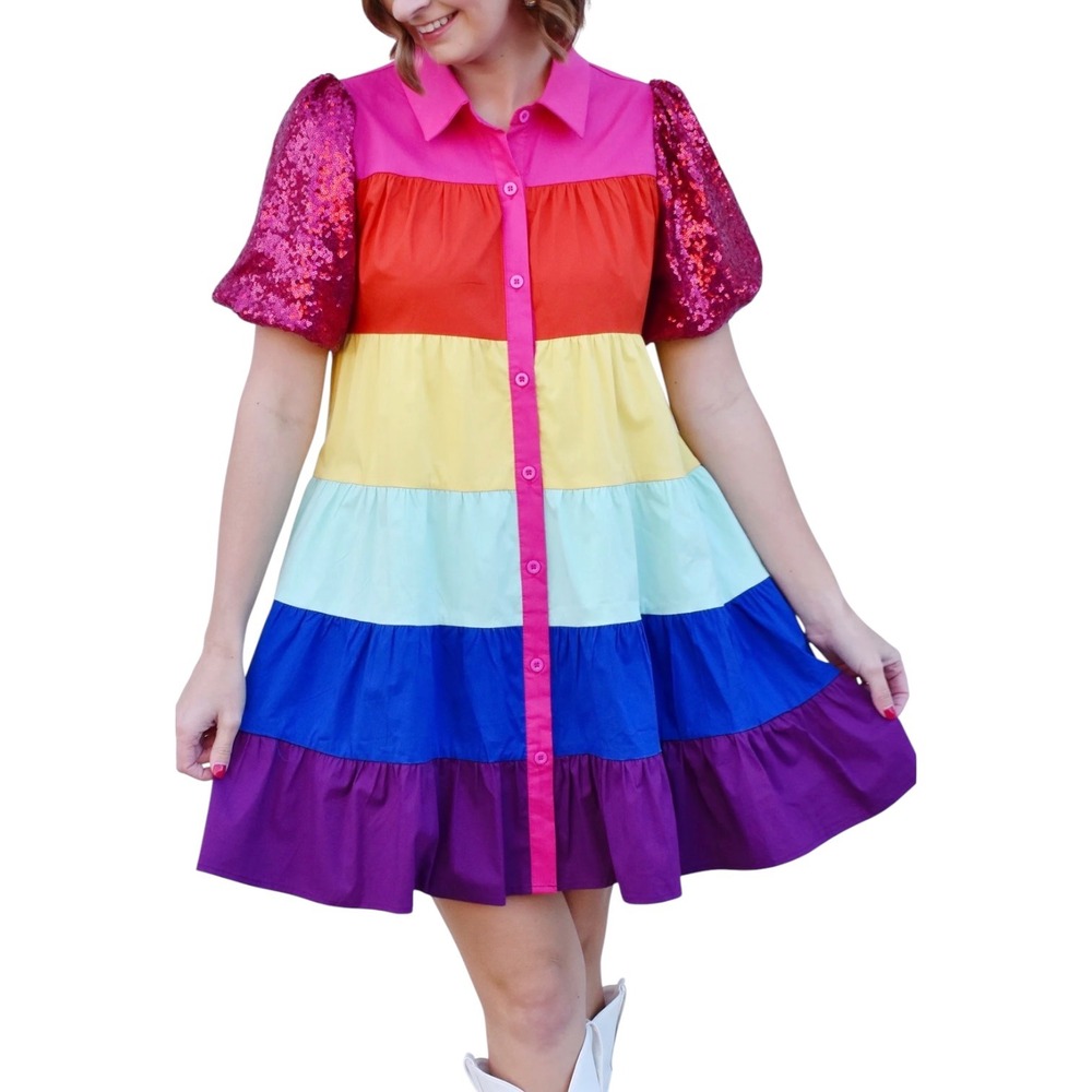 Queen of Sparkles Rainbow Tiered Mini Dress Sequin‎ Puff Sleeve XS Rhinestone